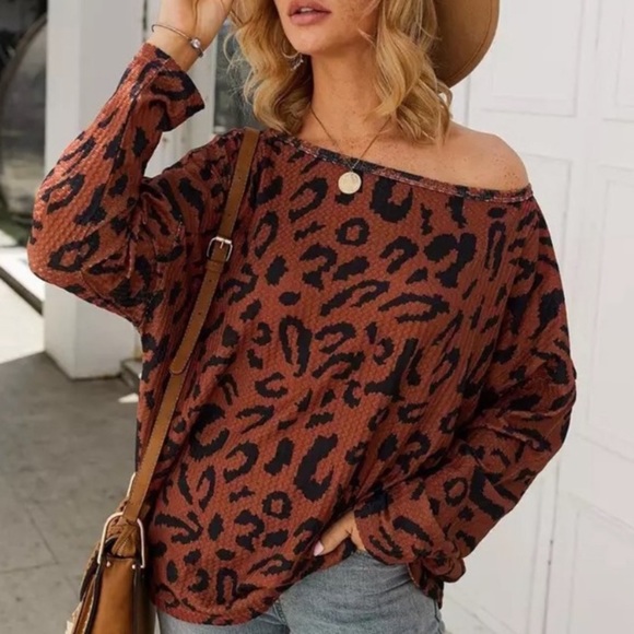 Tops - SOLD OUT CLEARANCE Brown Leopard Waffle Off Shoulder Long Sleeve Top